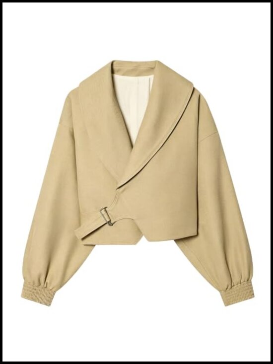 Jackets & Blazers - Oversized Cropped Trench Jacket with Lapel Collar Long Sleeves Elastic Cuffs